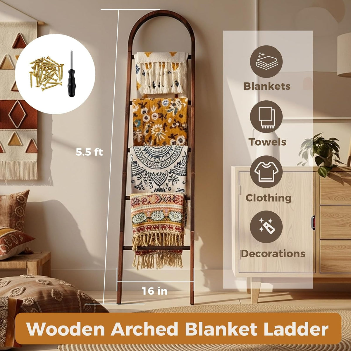 Sintuff Arched Blanket Ladder for Living Room, 5.5ft Wooden Blanket Rack, 5-Tier Natural Leaning Ladder Shelf for Farmhouse Bedroom Living Room Bathroom Decor(Arch,Brown)