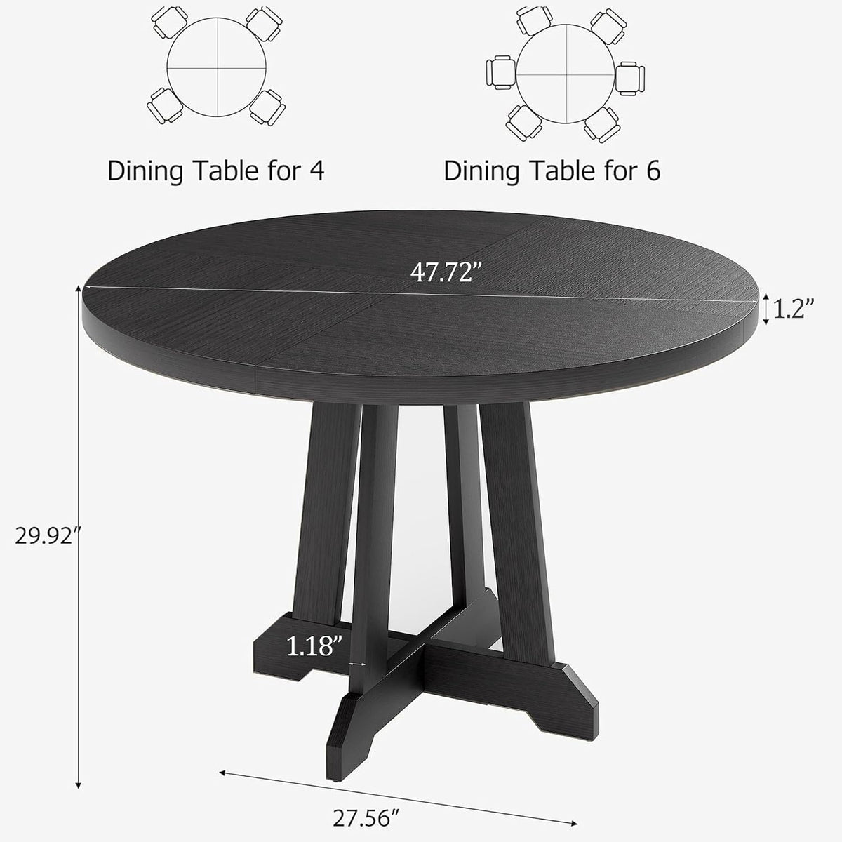 47" Round Dining Table for 4–6 People, Farmhouse Wooden Kitchen Table with Reinforced Legs, Dining Room Table with Adjustable Foot Pads for Home & Restaurant,Black