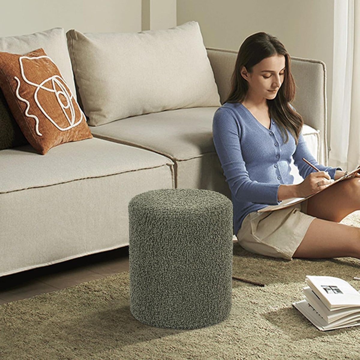 O2B Modern Round Ottoman with Soft Padded Seat – Multifunctional Vanity Chair, Upholstered Footrest Stool for Living Room and Bedroom