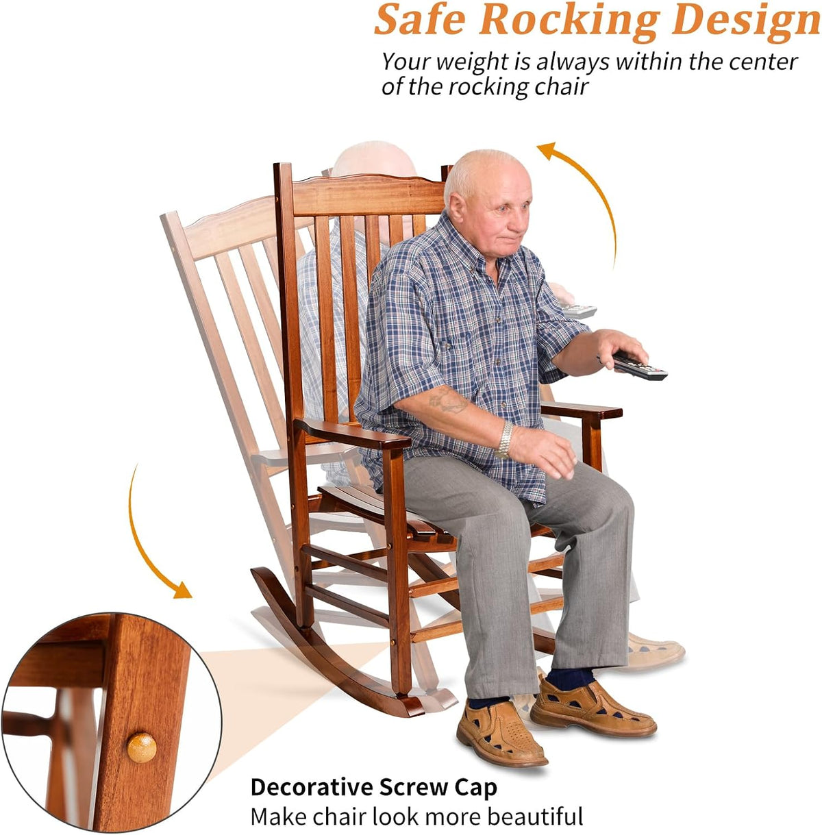 Outvita Outdoor Rocking Chair, Solid Wood High Back Rocker, Natural | All Weather Lounge Chair for Porch Patio Fire Pit Garden Backyard Deck Indoor, Wave Shape