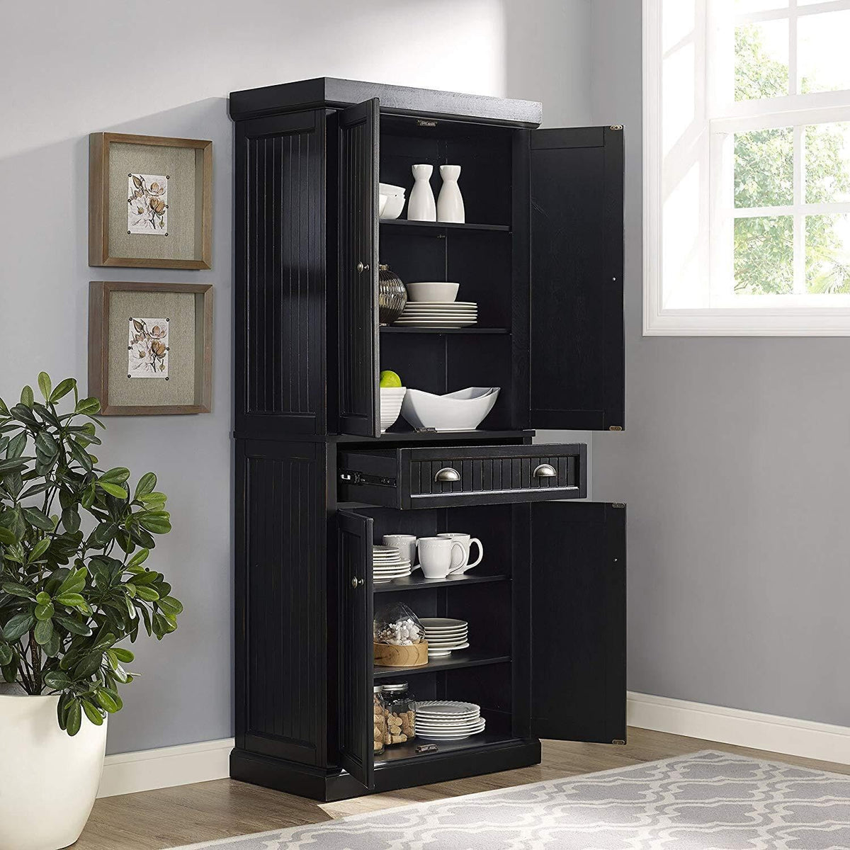 HomeStock Kitchen Pantry Cabinet - 30" Wide Storage - Distressed Black Finish