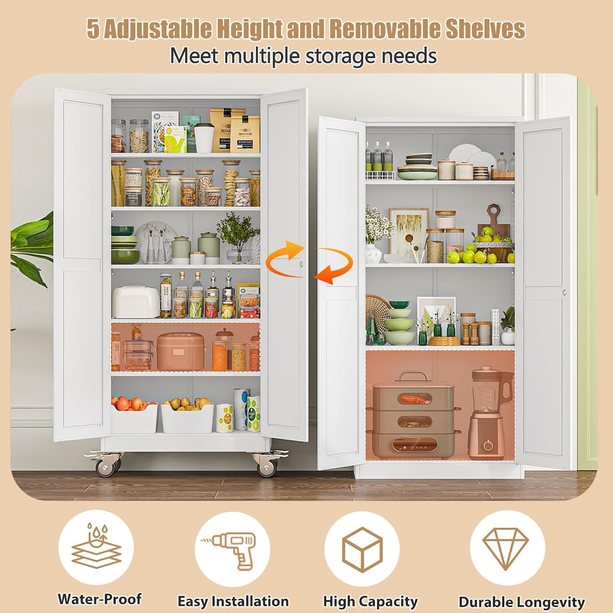 75" H Metal Pantry Storage Locker Cabinet with Wheels,Rolling Kitchen Pantry Cabinet with 2 Doors and 5 Adjustable Shelves, Lockable Steel Garage Tool Cabinet Organization for Home,Gym,School,White