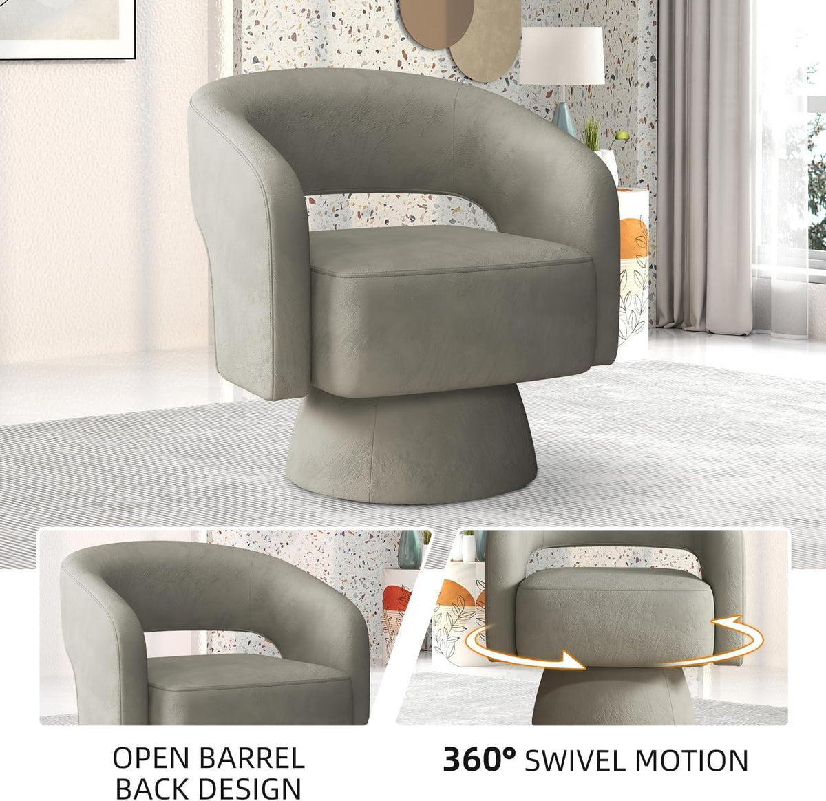 INZOY Swivel Barrel Chair with Velvet Fabric, Swivel Accent Chair with Thickened Soft Cushion, Comfy Round Swivel Chair for Living Room Bedroom, Grey