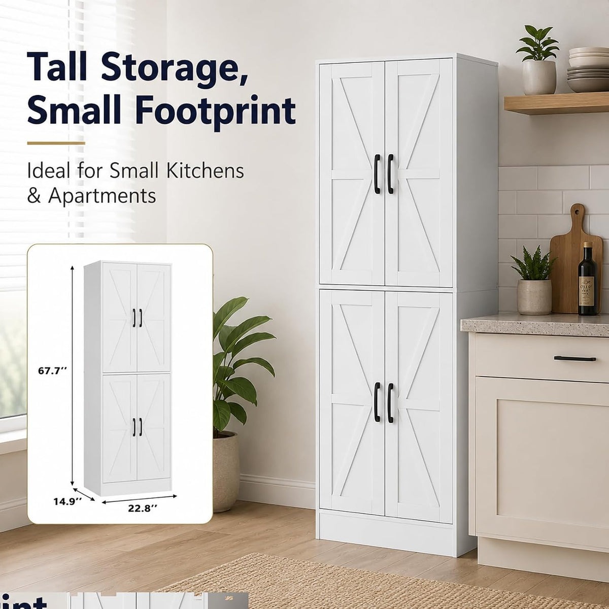 Kitchen Pantry Storage Cabinet, 68" Tall White Food Pantry Cabinet with Doors and Adjustable Shelves, Freestanding Farmhouse Storage Cabinet for Kitchen, Dining Room, Bathroom, Laundry Room (White)