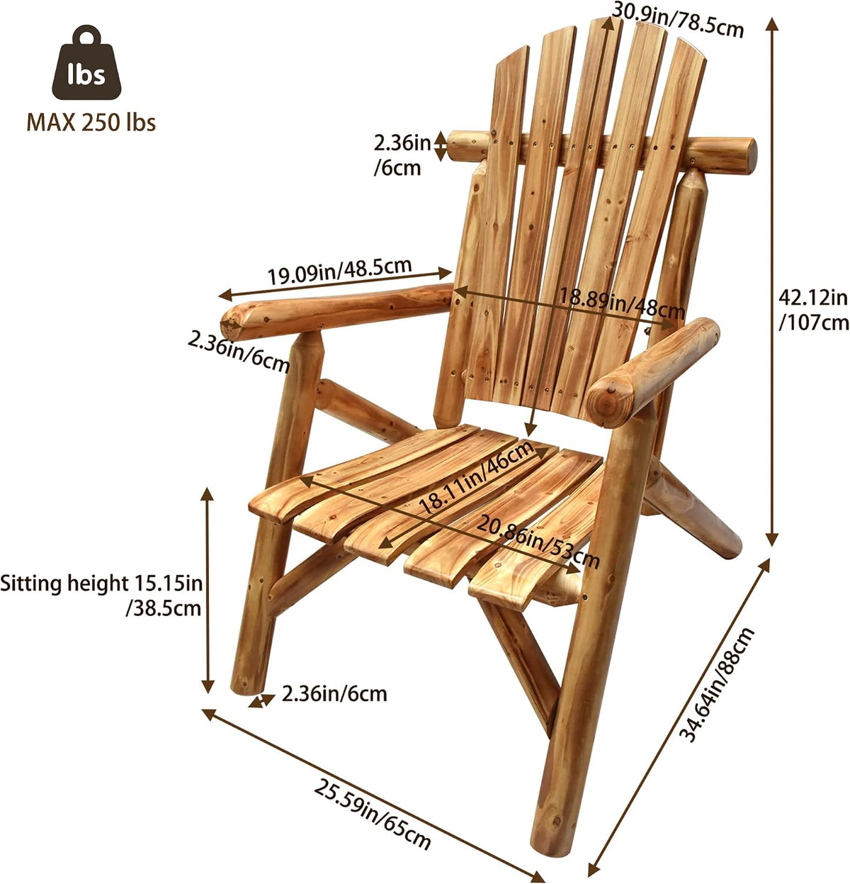 DJL Adirondack Wooden Chair Outdoor Patio Lounge Log Cabin Furniture Rustic Solid Wood Comfortable Seating for Porch, Balcony, Lawn, Fire Pit, Deck, 42.12 Inches Tall, Lightly Toasted