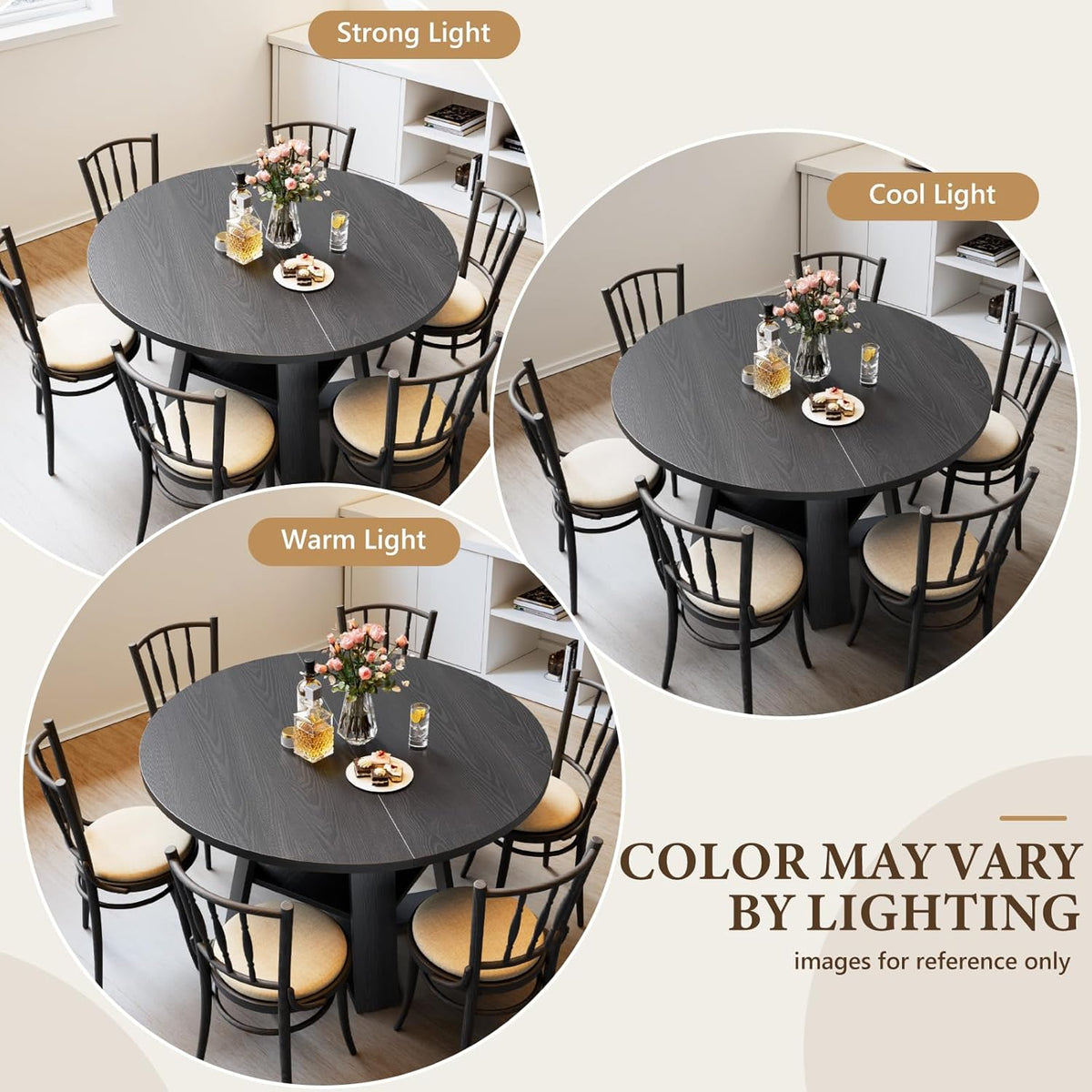 43 inch Round Dining Table for 4-6, Dining Table with Storage Shelf, Wood Grain Top, Sturdy Wood Legs, Space Saving Dinner Tables, Circle Kitchen Tables