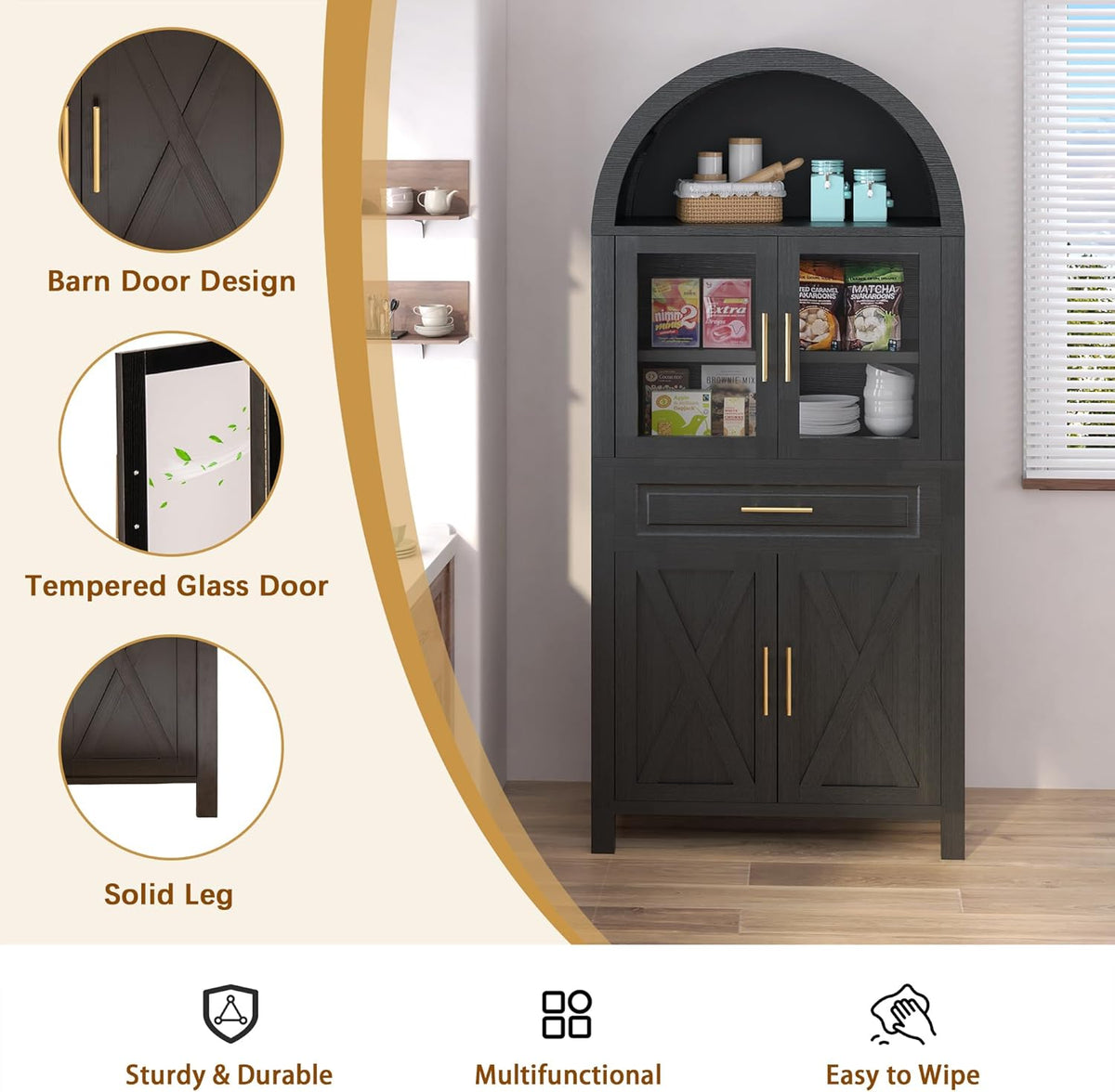 Kitchen Pantry Cabinet with Arched Top, White Storage Cabinet with Adjustable Shelves, Freestanding Cupboard with Drawer and Door Organizers, 70.8H x 31.5W x 15.75D Inches (Black)