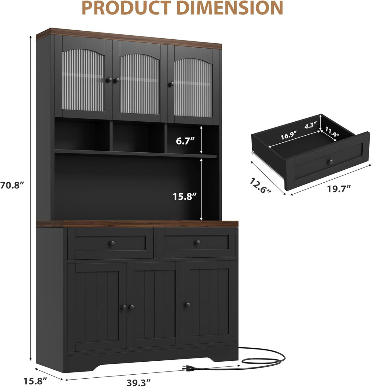 GarveeHome Pantry Cabinet with Charging Station, Tall Kitchen Pantry Storage Cabinet with Hutch,70.8 Inch Kitchen Cabinet with 30mm Thickened Countertop, Fluted Glass Doors, for Dining Room, Balck