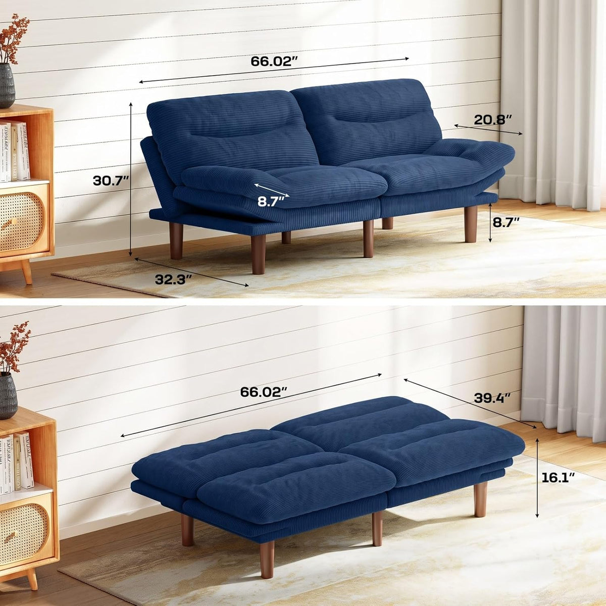 Marsail 66.02" Futon Sofa Bed, Convertible Corduroy Futon Couch with Adjustable Backrest & Armrests, Small Sleeper Sofa Loveseat for Living Room, Apartment, Blue