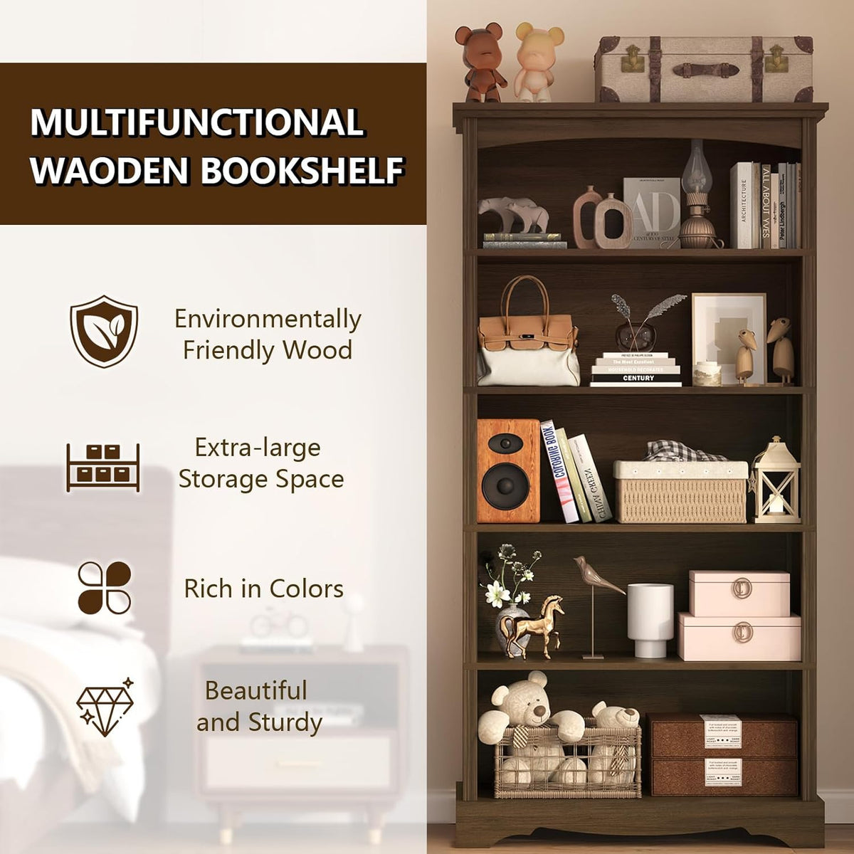 TVU 5-Tier Wooden Bookshelf, 31.5" W x 65" H ×9.9" D Bookshelf with Storage, Floor Standing Modern Style Display Bookcase for Living Room, Office, Study Room, Entryway, Brown