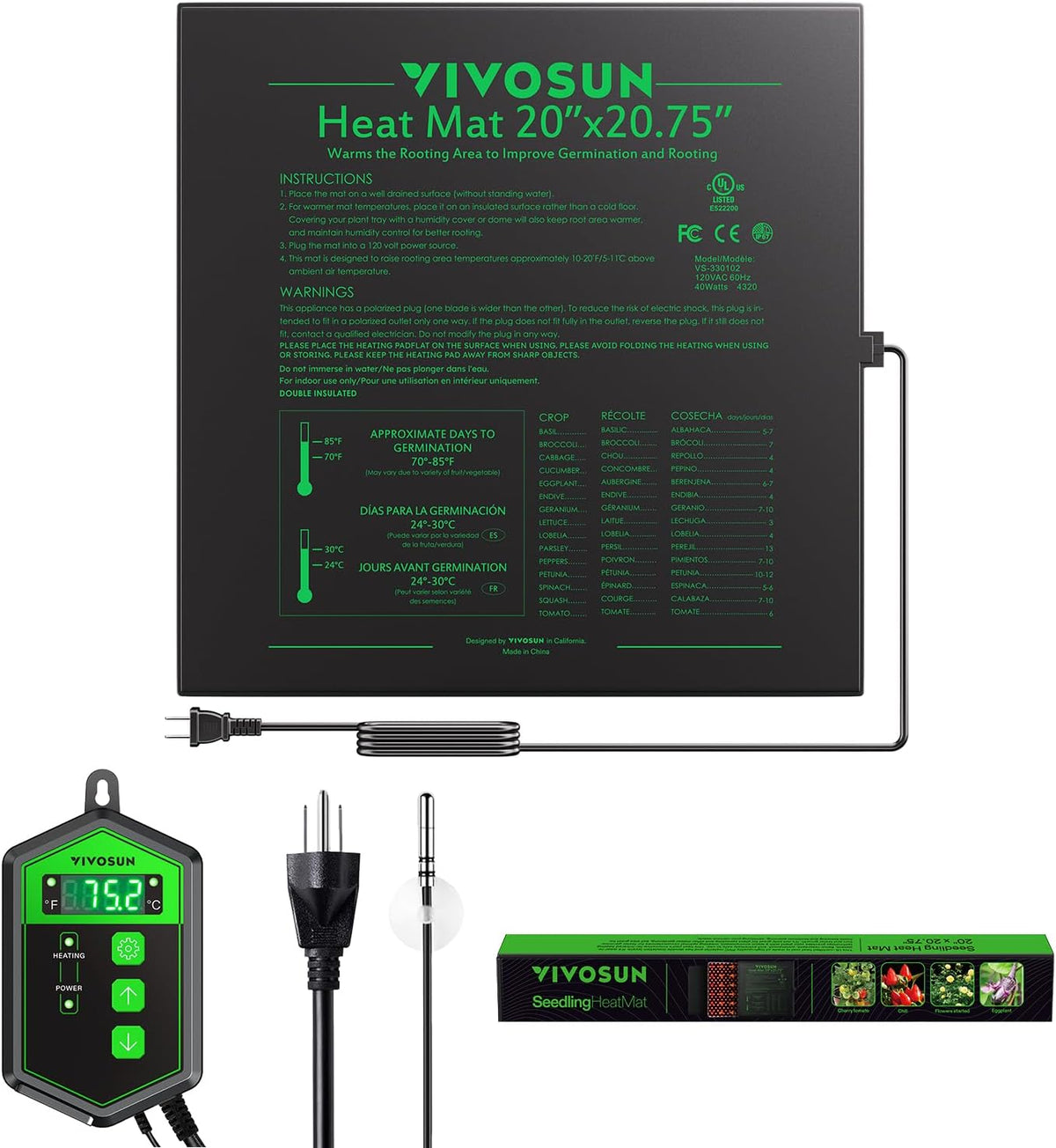 VIVOSUN 20" x 20.75" Seedling Heat Mat and Digital Thermostat Combo Set, UL & MET-Certified Warm Hydroponic Heating Pad for Germination, Indoor Gardening, Greenhouse