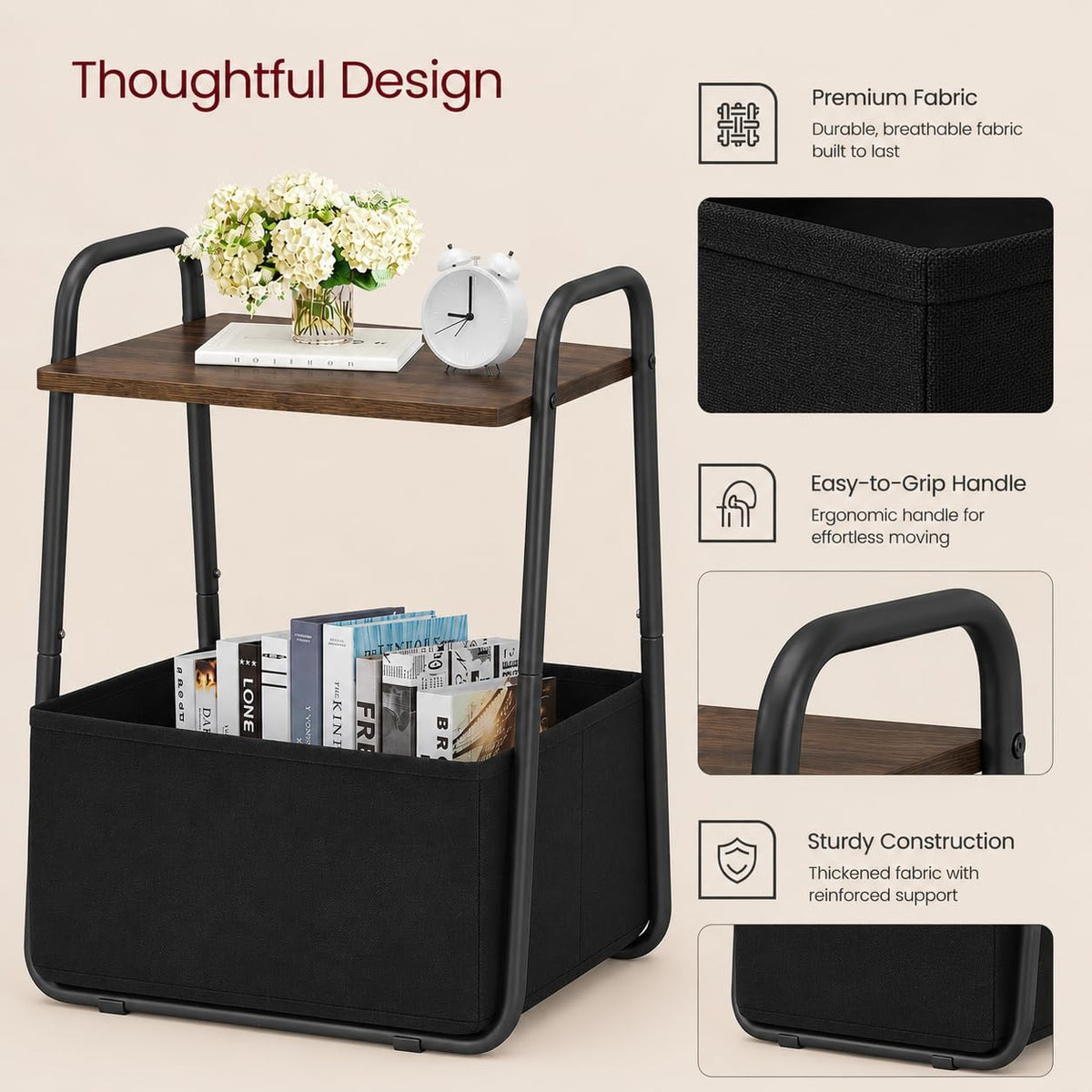 Rustic Brown Metal Frame Nightstand - Small Side Table with Fabric Storage Basket and Handle - Ideal for Bedroom & Living Room & Dorm