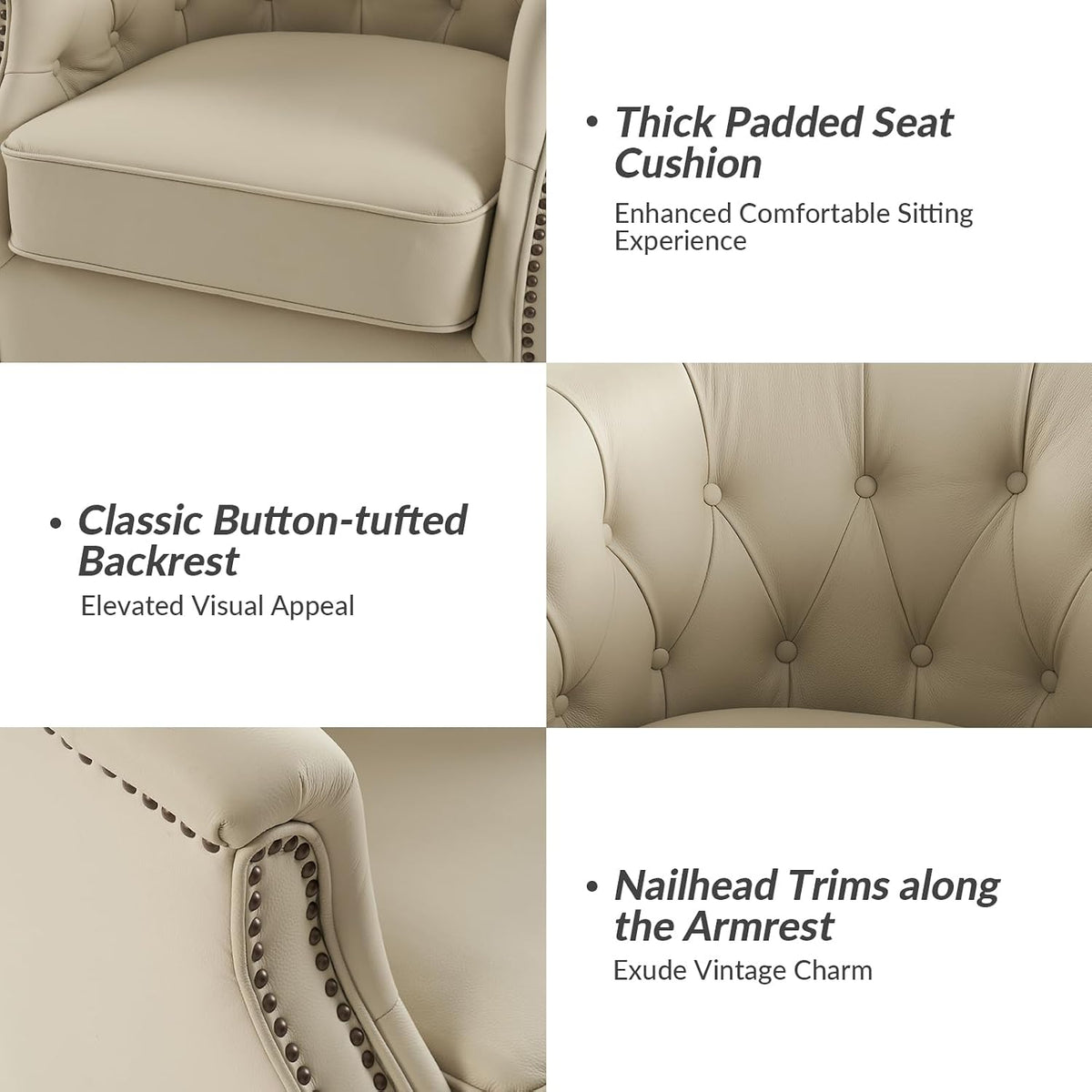 HULALA HOME Genuine Leather Swivel Rocker Chairs, Fully Assembled, Beige | Set of 2 Leather Swivel Accent Chairs, Traditional Chesterfield Barrel Chairs with Button-Tufted Design, for Living Room