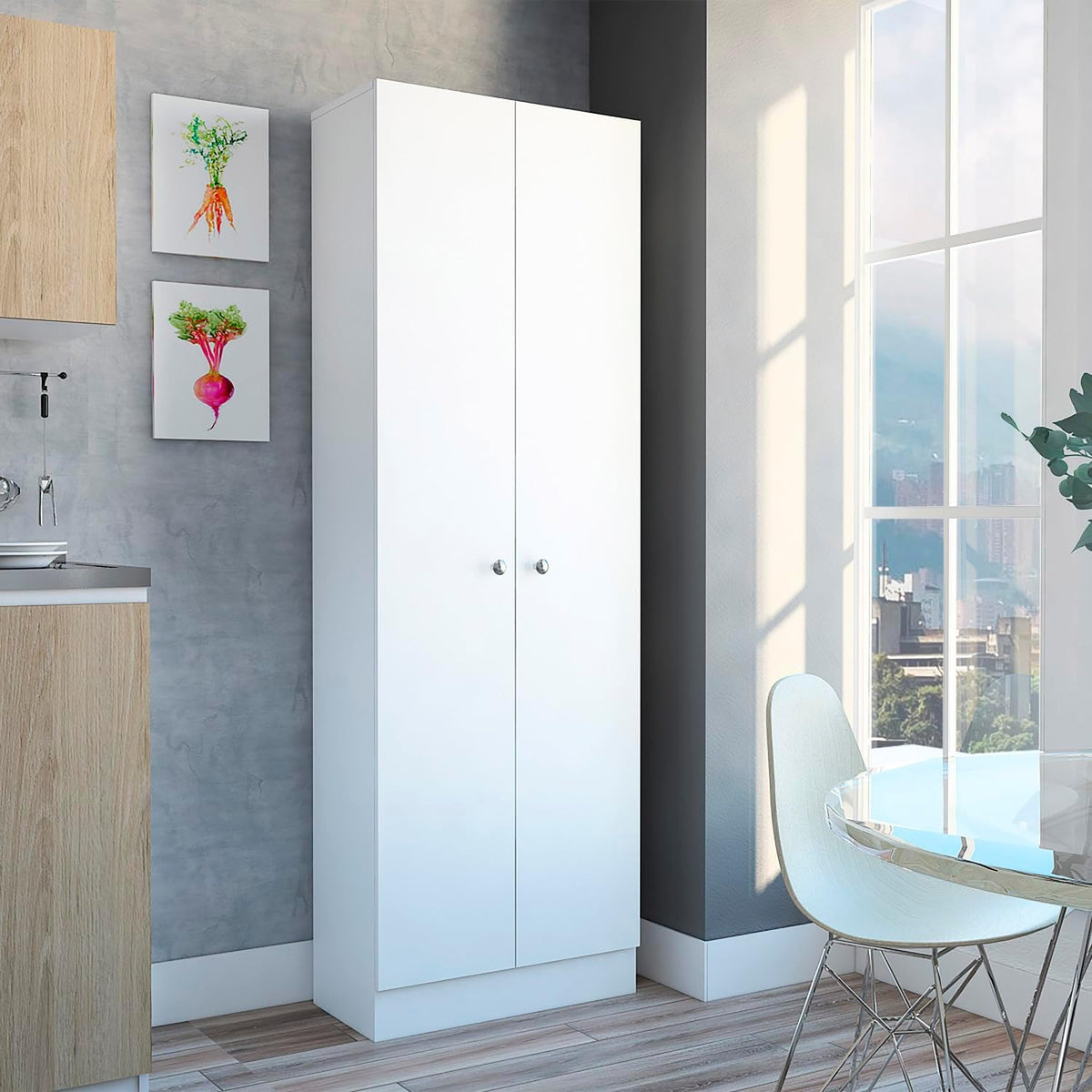 Multistorage Pantry Cabinet, Double Door, 5 Shelves, White