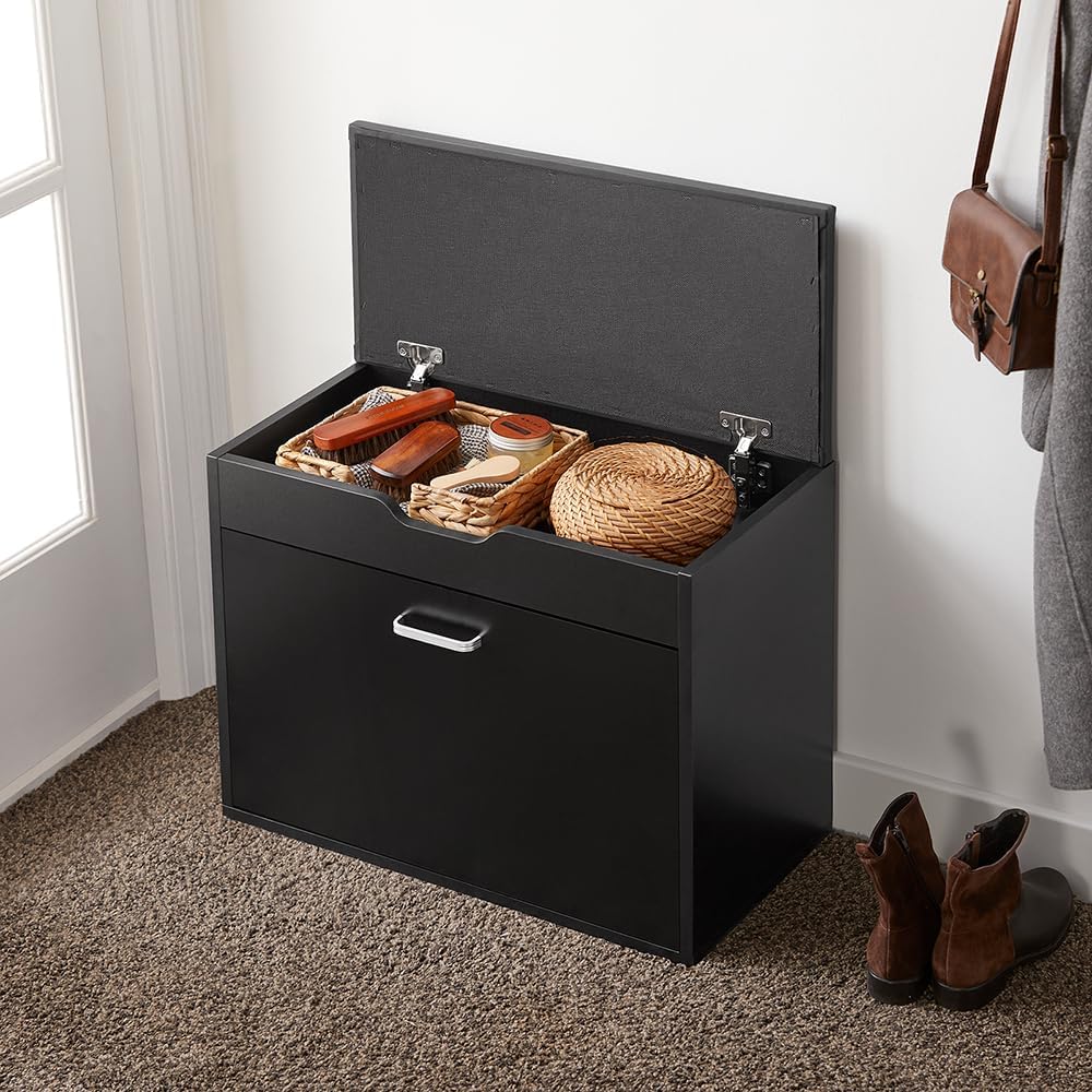 SoBuy Small Shoe Bench, Narrow Shoe Cabinet with Folding Padded Seat, Small Space Shoe Rack, Black 23.6" x 11.8" x 19.3"
