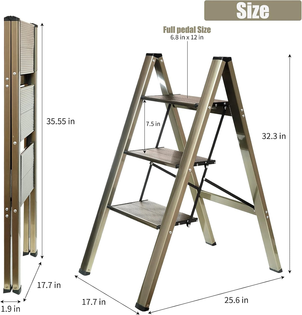 3-Step Aluminum Lightweight Folding Step Stool Ladder with Anti-Slip and Expanded Pedal for Home and Kitchen, 330lbs Capacity, Champagne…