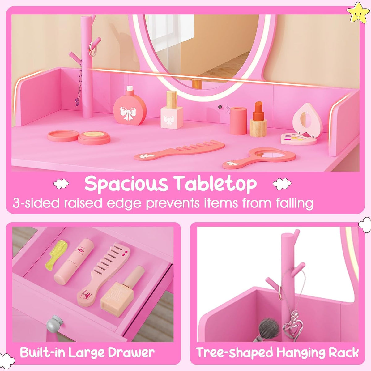 Costzon Kids Vanity, Girls Vanity Set with Mirror and Stool and Lights, Drawer, Jewelry Rack, 2 in 1 Wooden Princess Makeup Desk Dressing Table, Kids Vanity Table and Chair Set (Pink)