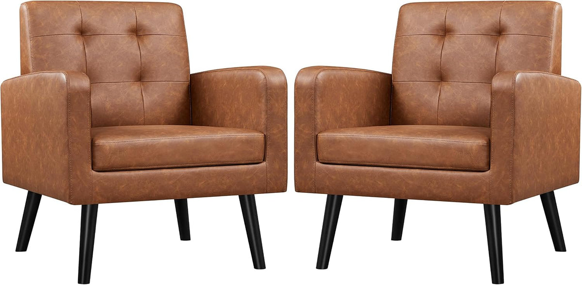 Yaheetech Mid Century Accent Chairs Set of 2 Living Room Chairs Retro Brown | Faux Leather Upholstered Sillones Para Sala, Modern Reading Nook Chairs, Button Tufted Back, Rubberwood Legs, Bedroom Office