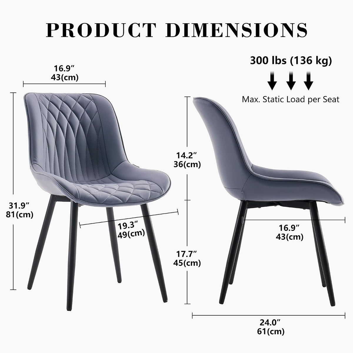 Rowill Dining Chairs Set of 2 Modern Faux Leather Kitchen Chairs with Thickened Metal Frame, Scratch-Resistant Upholstery,Widened Seat & Anti-Slip Pads, Cushioned Backrest for Kitchen,Dusty Blue