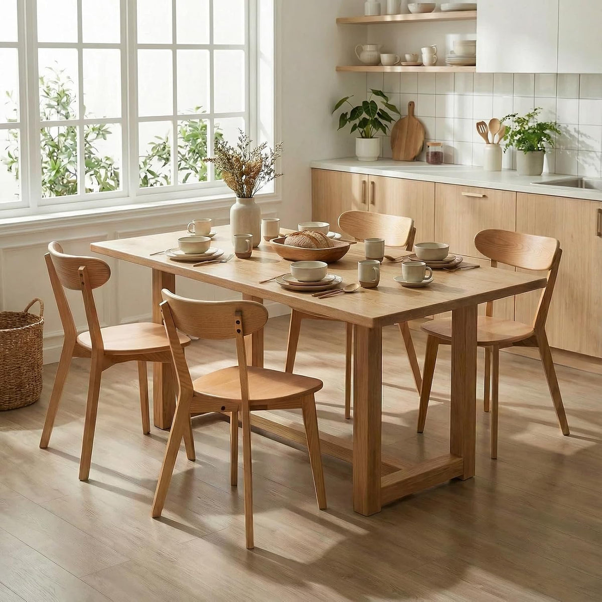 Solid Wood Dining Chairs Mid Century Modern Kitchen Chairs Set of 6 | Rounded Curved Backrest, Wide Comfortable Seat, Ergonomic Support, Easy Clean Wood Finish, Multiple Set Options,Natural Color