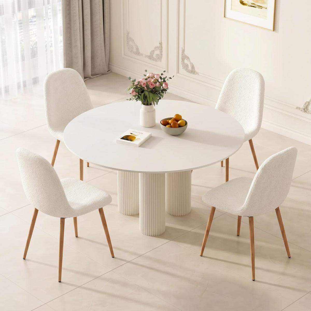 Dining Chairs Set of 4, Modern Upholstered Fabric Armless Side Dining Room Chairs for Small Kitchen, Living Room, Bedroom, White Teddy Fleece