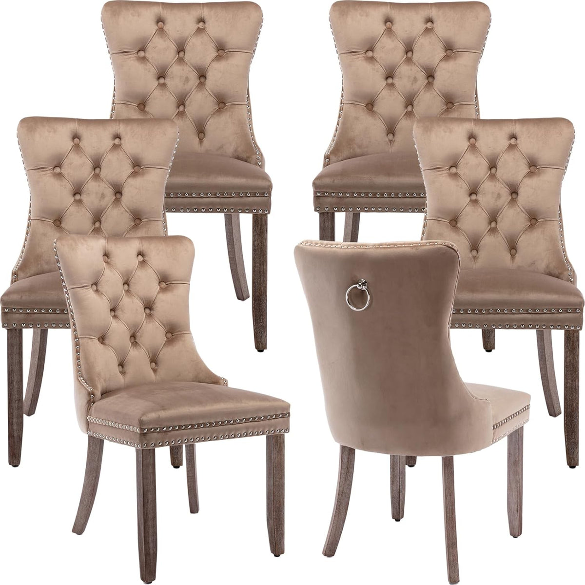 Espresso Brown Mid Century Modern Dining Chairs Set of 6, Velvet Upholstered Kitchen & Dining Room Chairs with Nailhead Trim & Solid Wood Legs, Elegant Sillas De Comedor (Coffee, 6 Pcs)