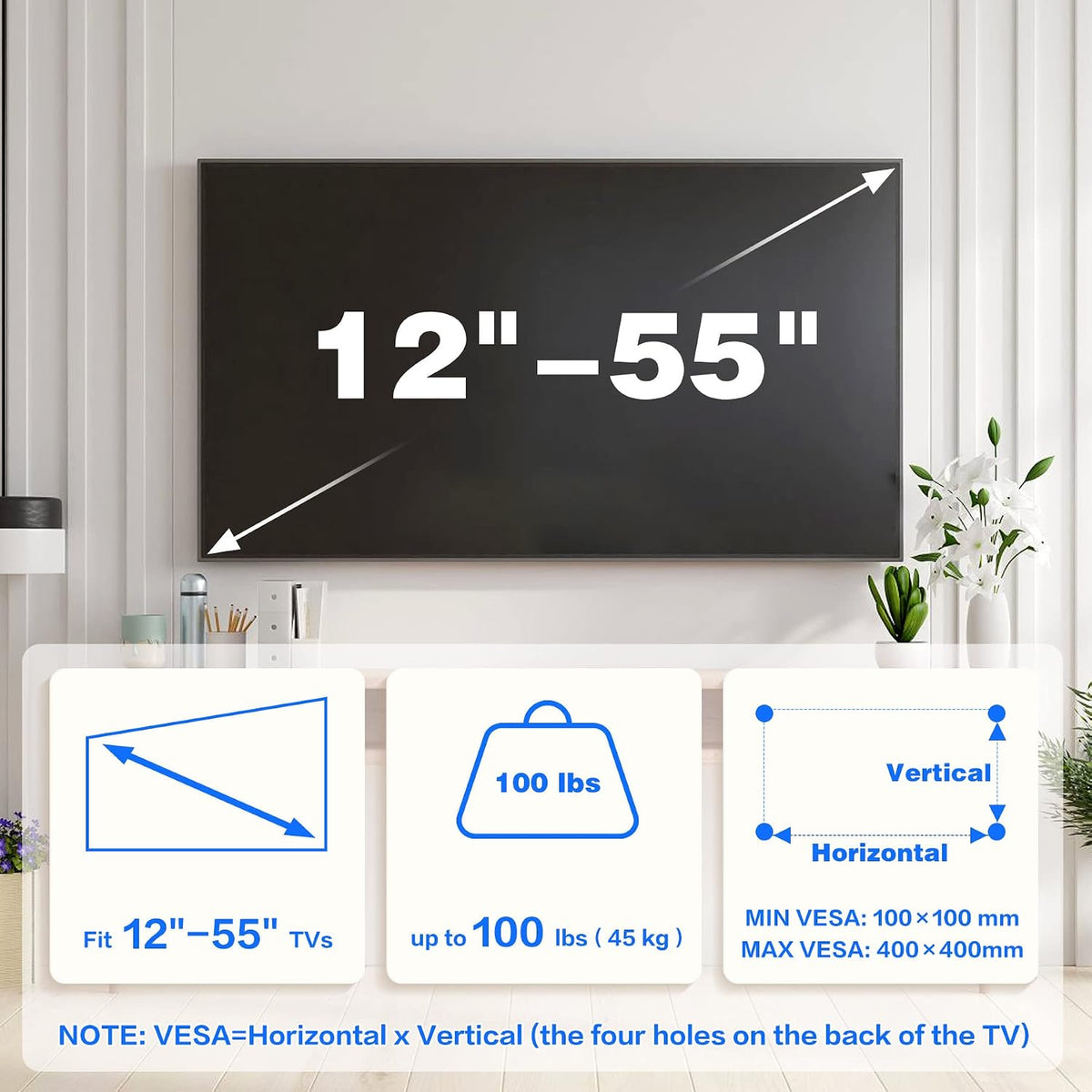KAMIWI 1.2" Ultra Slim Fixed TV Wall Mount for 12-55 Inch TVs up to 100lbs | Low-Profile Flush TV Mount, Universal TV Wall Bracket, Fits 16"/24" Wood Stud, Max VESA 400 x 400 mm, Easy Installation