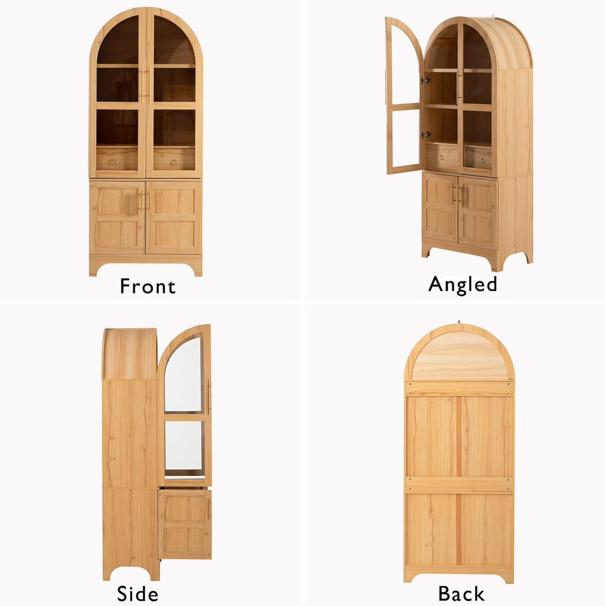 71" Arched Kitchen Pantry Cabinet with Glass Doors, Farmhouse Pantry Cabinet with Door Shelves and Drawer, Tall Cupboard with Adjustable Shelves for Kitchen, Dining Room, Natural