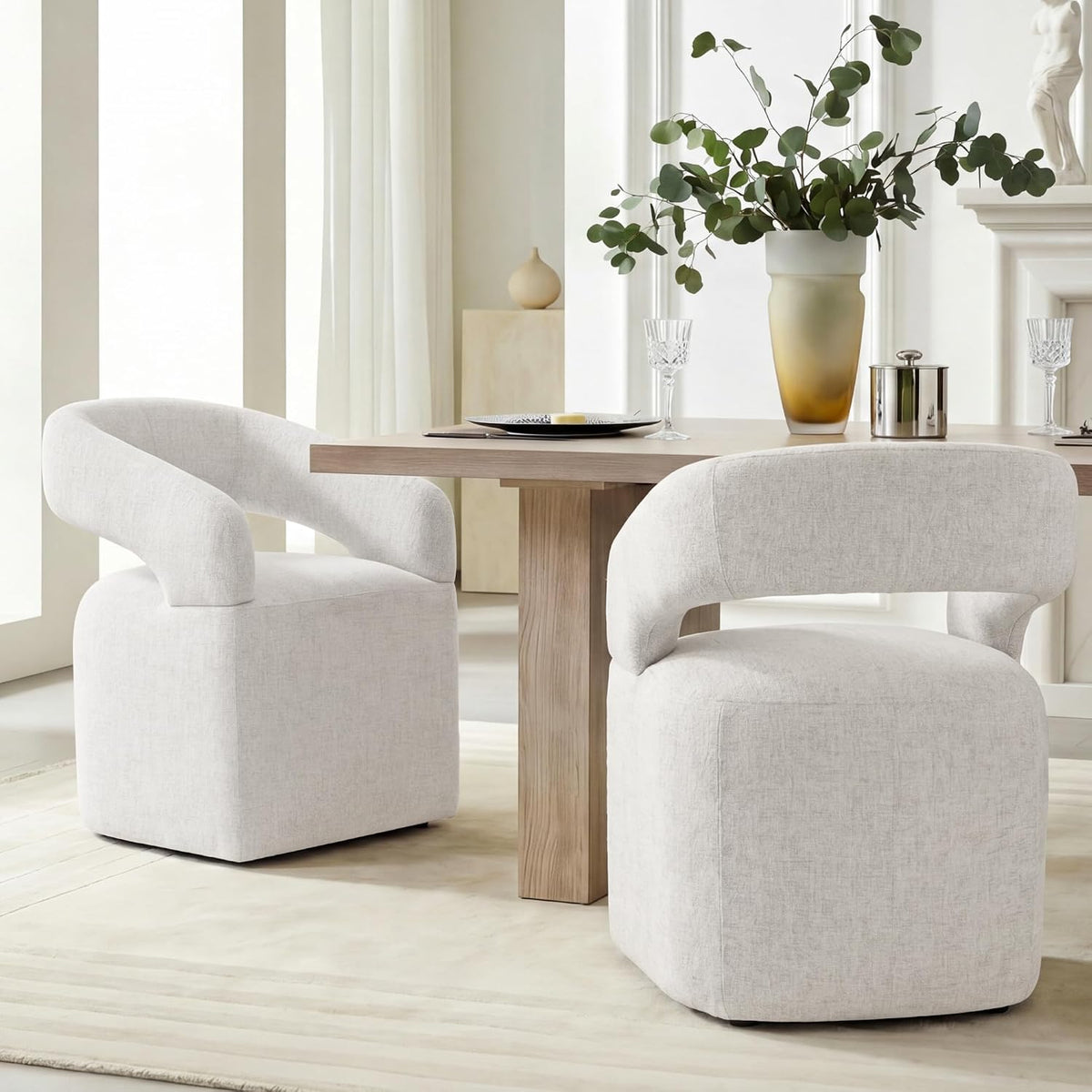 KISLOT Upholstered Dining Chairs Set of 4, Modern Arm Kitchen & Dining Room Chairs with Hidden Casters, Linen Fabric Padded Rolling Chairs, Sturdy Wood Frame, 300 lbs Capacity, Beige