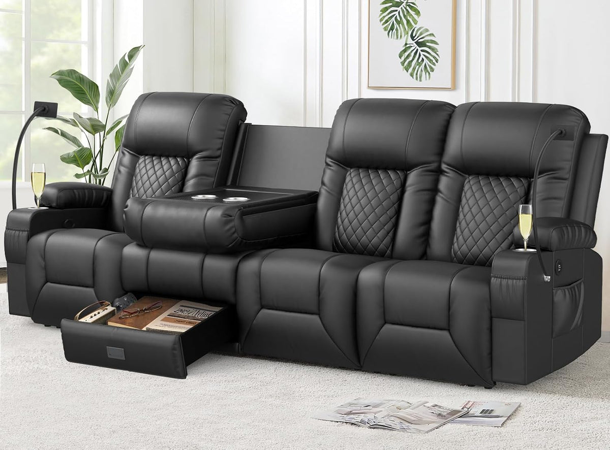 FURNIMAT Recliner Sofa, Modern Dual Reclining Sofa with Flip Back Console, 4 Seater PU Leather Recliner Couch for Living Room/RV, with Storage Drawer, USB Ports, Cup Holder, Cell Phone Holder, Black