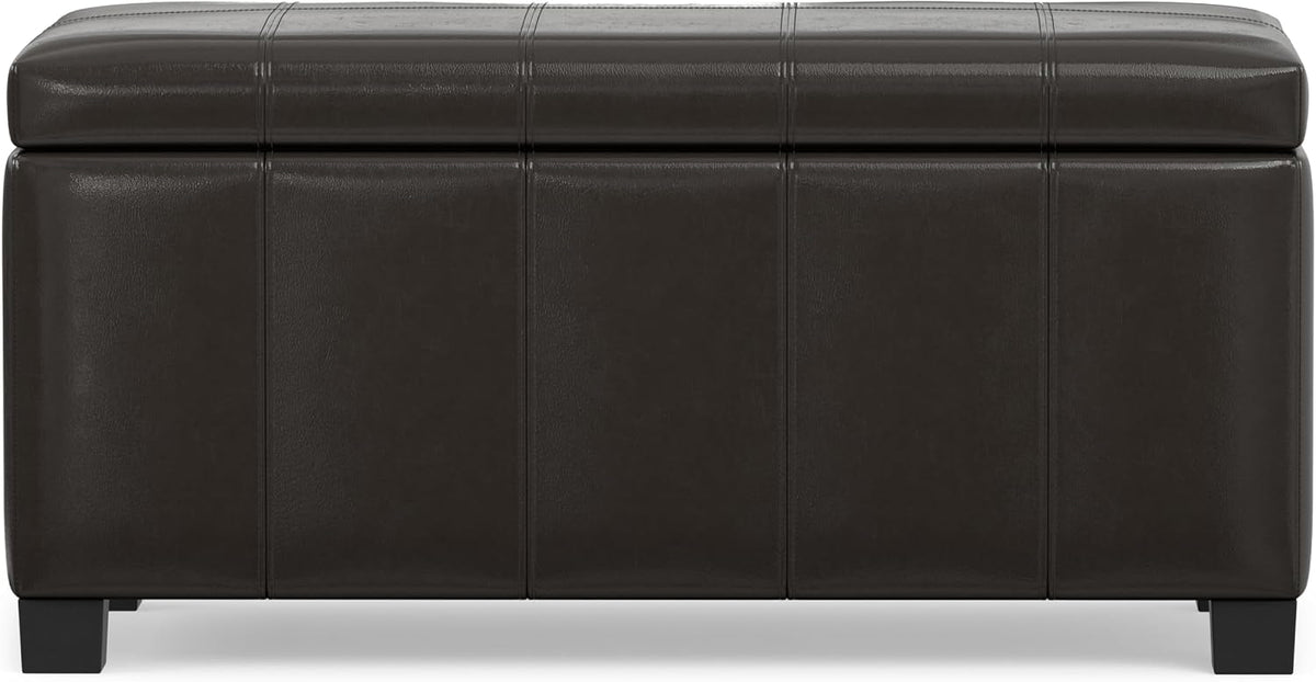 SIMPLIHOME Dover 36" Wide Vegan Leather Storage Ottoman in Tanners Brown | Contemporary ottoman with lift-top and safety hinges; upholstered rectangle storage bench for living room and entryway.