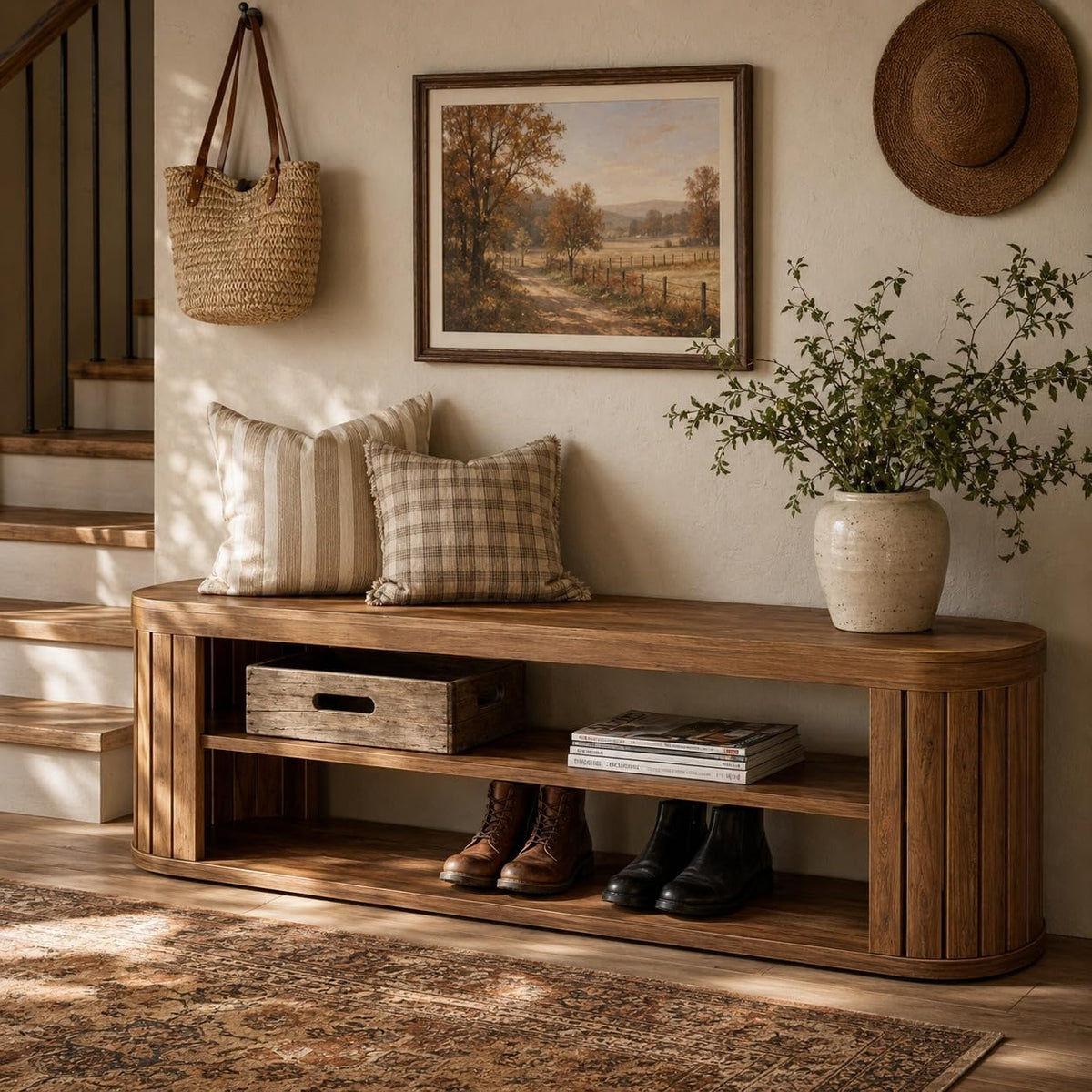 Tribesigns 47.2 in. 3-Tier Entryway Bench with Shoe Storage,Farmhouse Wooden Foyer Bench with Adjustable Foot Pads,End of Bed Bench for Hallway,Bedroom,Entryway (Brown)