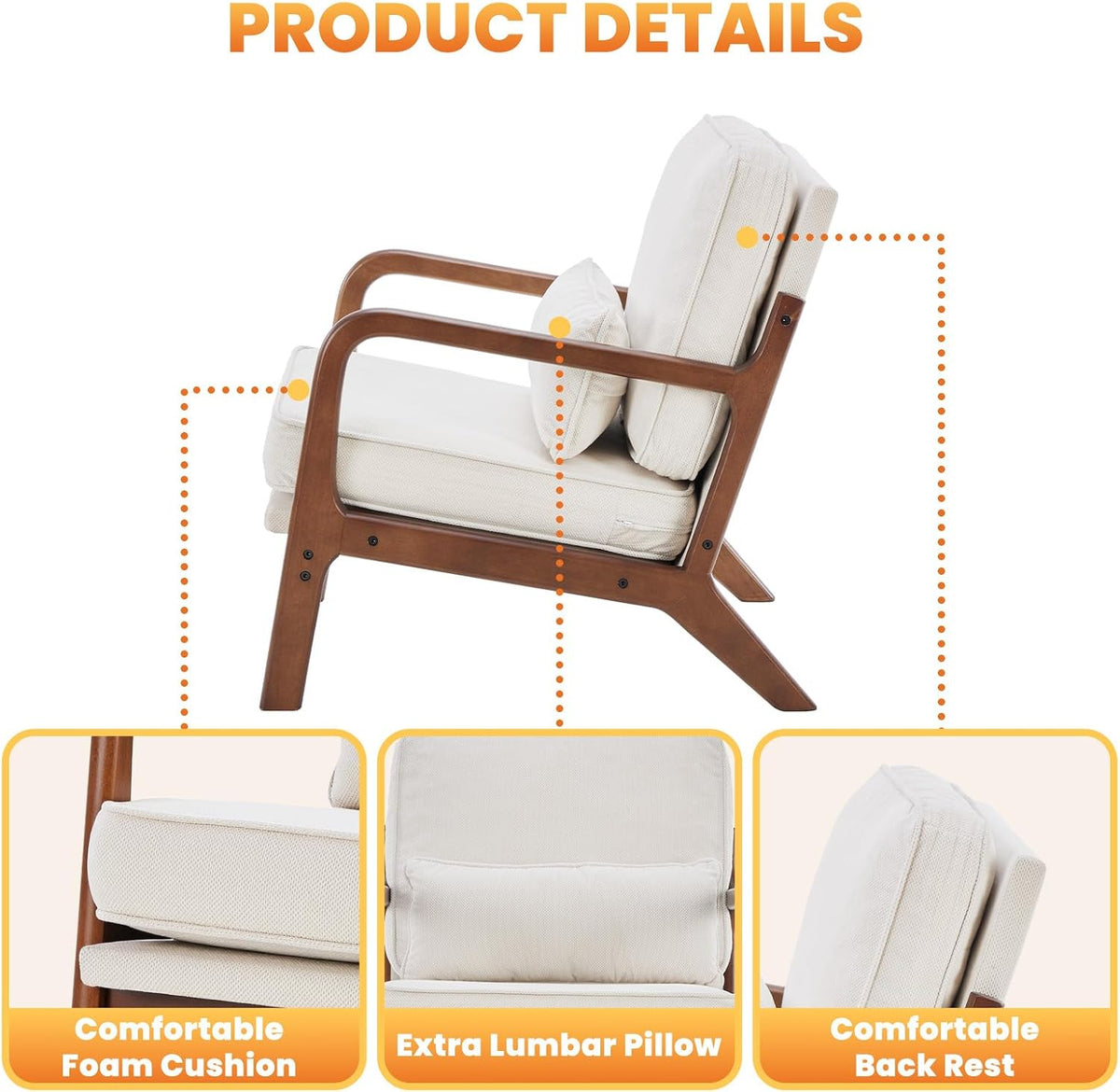 DUMOS Mid Century Modern Accent Chair, 16'' Seat Height Cozy Lounge Chair | Upholstered Armchair with Waist Cushion and Wood Frame for Living Room, Bedroom, Reading Nook, Home Corner, Balcony, Beige