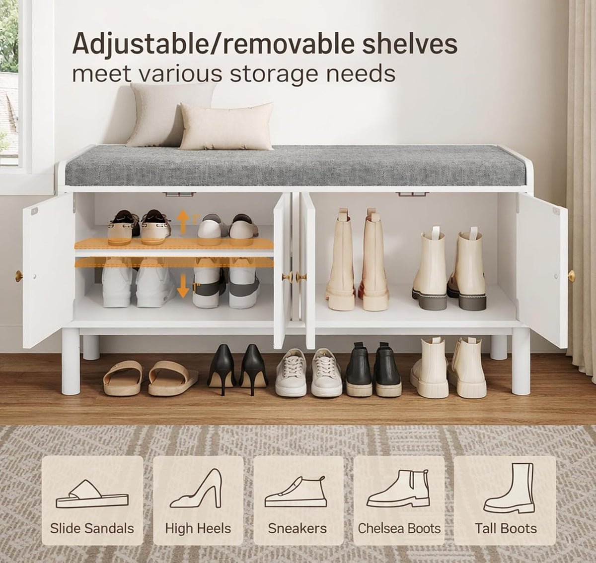 Shoe Storage Bench, 2-Tier Entryway Bench with Cushion, 15" D x 39.4" W x 19.7" H, Shoe Cabinet Bench with 4 Doors and Adjustable Shelves, for Entryway, Hallway, Bedroom, Living Room, White