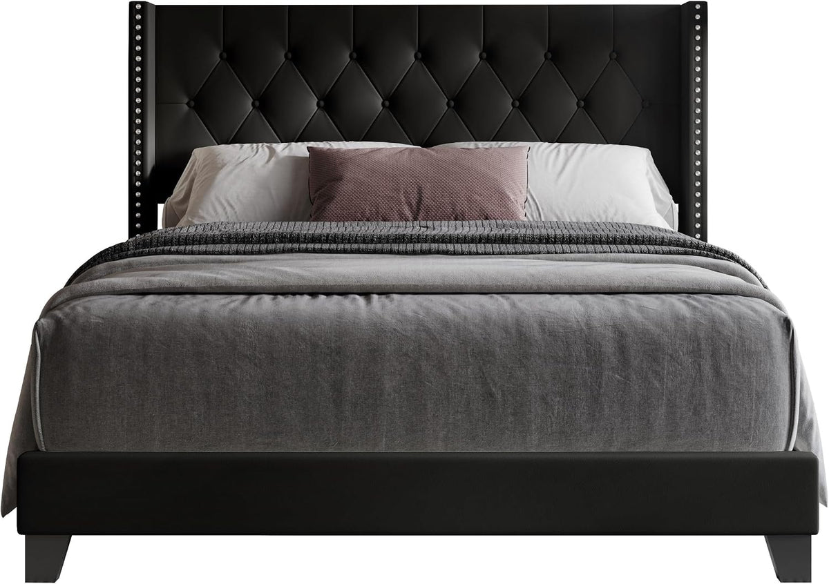 HOME DESIGN Homer Queen Tufted Wingback Upholstered Panel Bed, Black