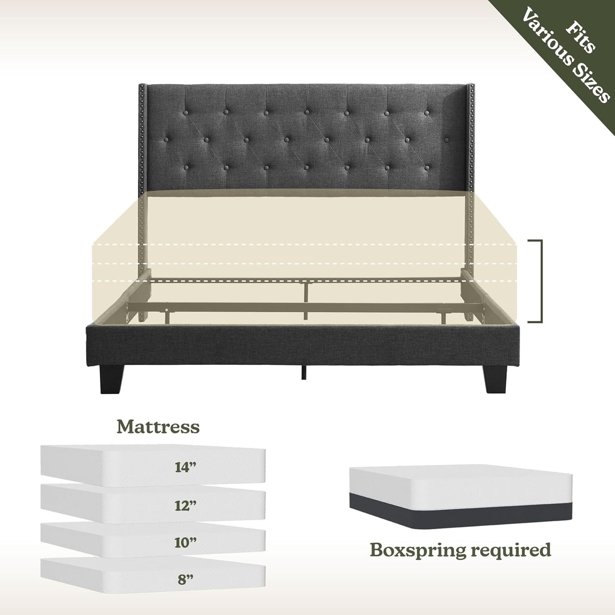 Hearth & Harbor Queen Bed Frame with Headboard Wingback – Linen Platform Bed Frame Queen Size, Button-Tufted Upholstered Bed Frame Queen, Modern Bedframe, Box Spring Required, Grey