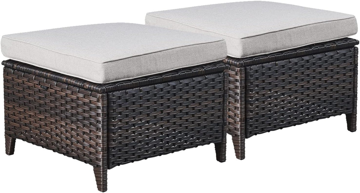 Rilyson Luxury Outdoor Wicker Patio Ottomans Set of 2, 250 lbs Capacity Rattan Large Ottomans for Patio Footrest Set 22.8in*22.8in*14in with 3.5in Thick Cushion (Brown/Beige)