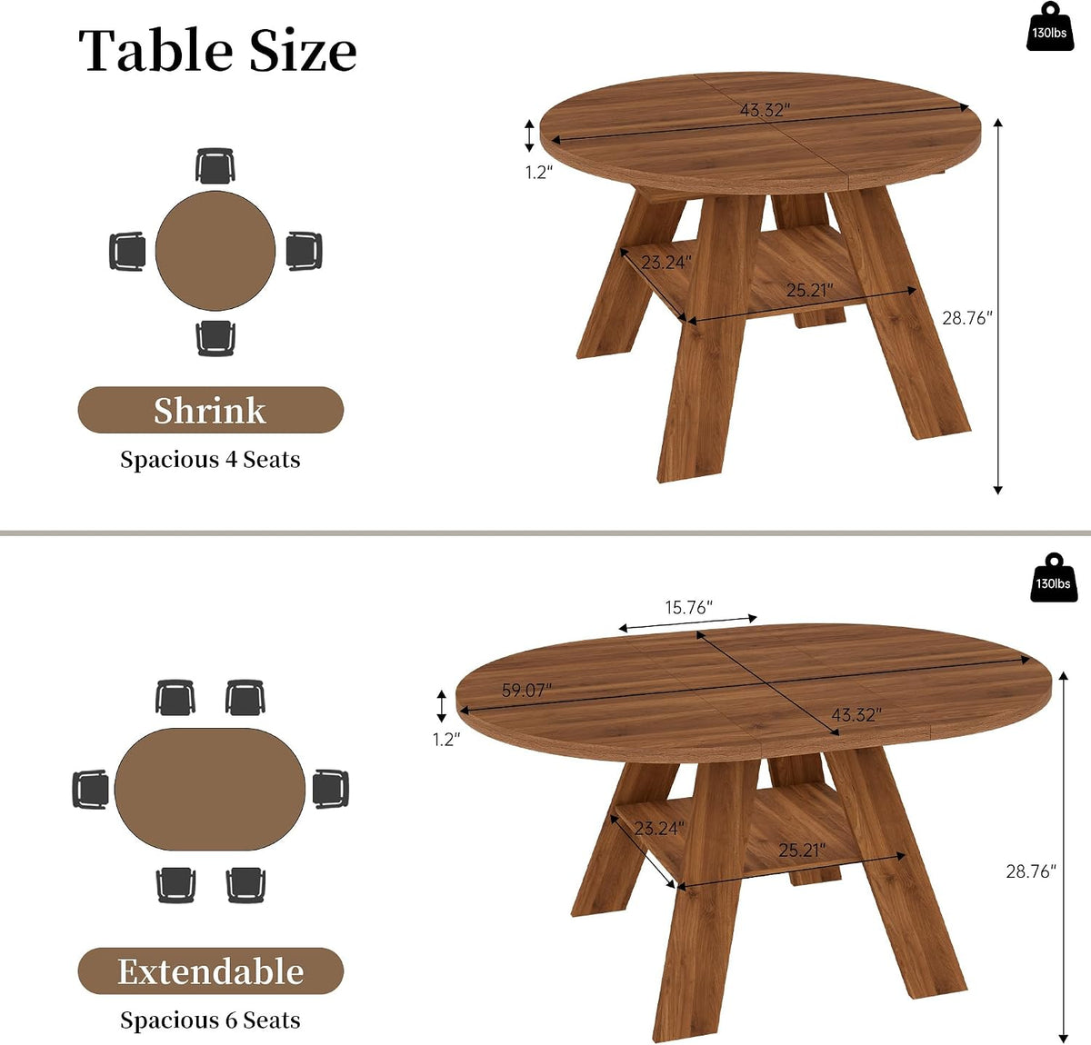 HIPIHOM 43"-59" Extendable Round Dining Table for 4-6, Walnut | Oval Kitchen Table for 4-6, Removable leaf & Storage Shelf, Space-saving for Kitchen, Living Room