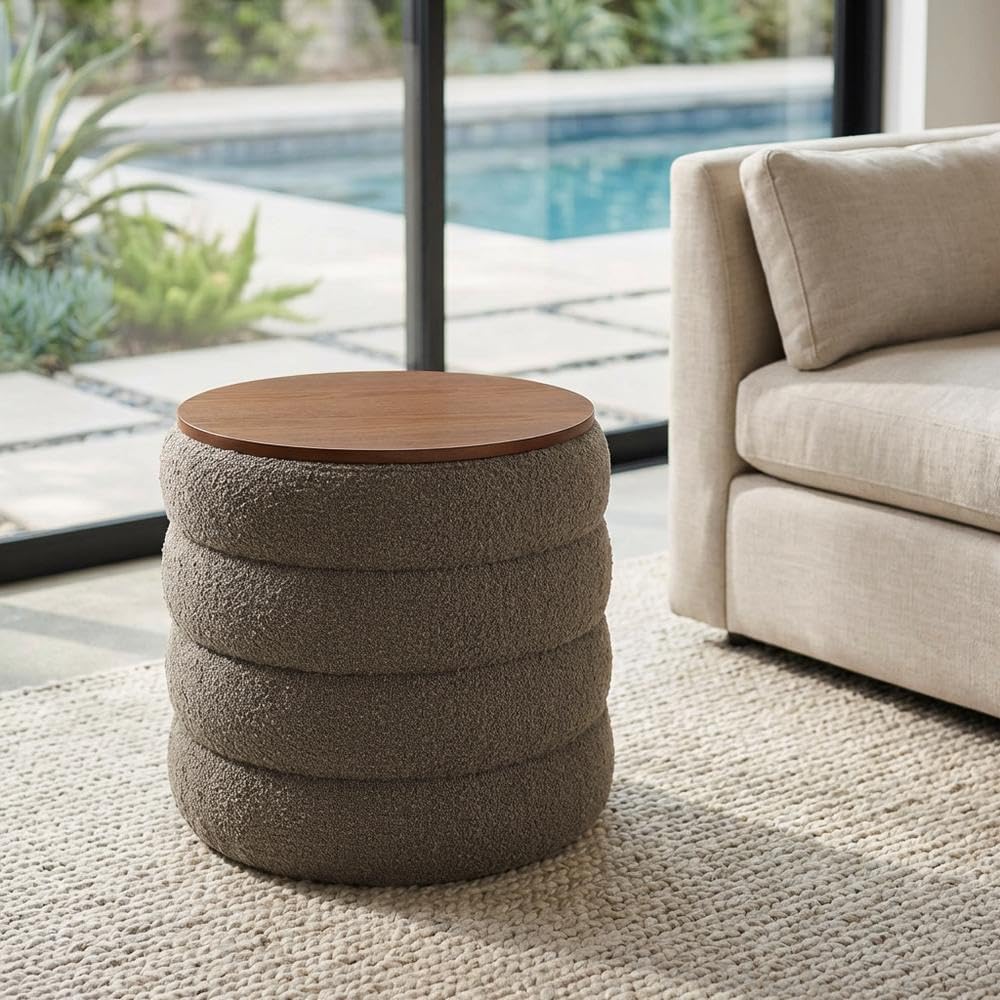 Gray Round Boucle Fabric Storage Ottoman, Indoor-Outdoor Seating, 17.3-Inch Diameter, Soft Boucle, Durable Structure