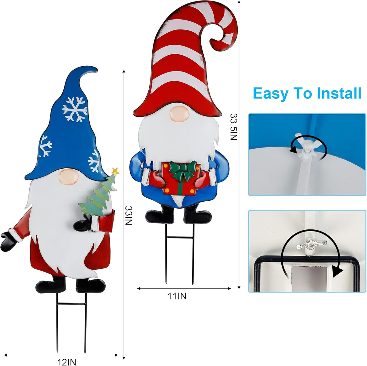Hausse 2 Pack Garden Metal Gnome Stakes, 33 Inch Christmas Decorative Gnomes Stakes, Yard Signs for Outdoor Decorations, Holiday New Year Spring Home Tomte Decor for Lawn Pathway Patio