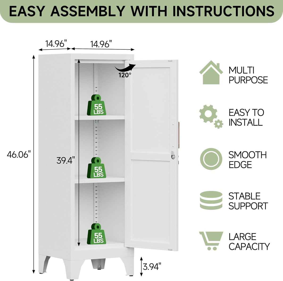 46" Tall Metal Pantry Cabinet, Kitchen Pantry Storage Cabinets with 1 Door and 2 Adjustable Shelves, Small Bathroom Cabinet,Cupboard for Kitchen, Dining Room- Assembly Required/White