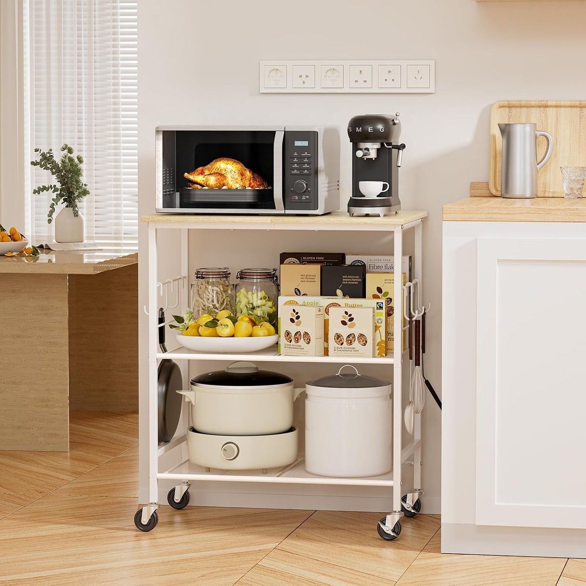 NTE Rolling Kitchen Microwave Cart, 3 Tier Microwave Stand with Storage, Small Kitchen Island on Wheels, Kitchen Storage Cart with 6 Hooks for Kitchen, Coffee Bar, Living Room, Balcony