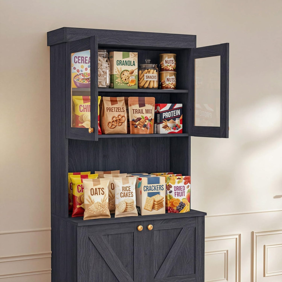 71" Farmhouse Kitchen Pantry Cabinet Freestanding Coffee Bar with Glass Doors or Drawers, Microwave Stand, Large Storage Hutch with Adjustable Shelves for Kitchen and Living Room，Black 3pcs