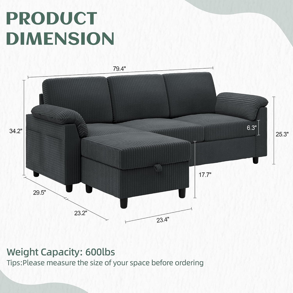 Vongrasig 79" Convertible Sectional Couches Sofa with Storage Ottoman, 3 Seat L Shaped Couch with Side Storage Pockage, Small Couches for Living Room, Apartment and Small Space, Grey