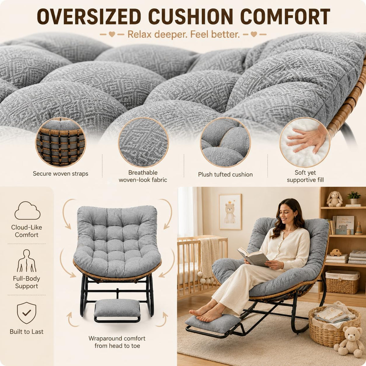 Oversized Rocking Chair with Zero-Gravity Foot Rest & Ottoman, Comfy Lounge Chair for Patio, Porch, Balcony, Indoor Reading Nook, Big Cozy Chaise Chair for Outdoor & Home Use, Grey