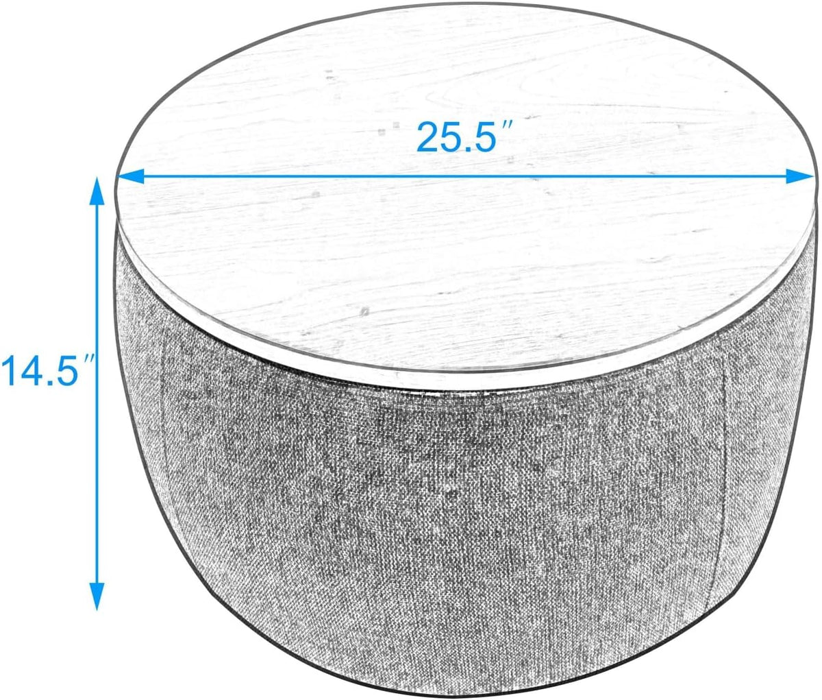 Round Storage Ottoman, 2 in 1 Function, Work as End Table and Ottoman, Dark Grey (25.5"x25.5"x14.5")