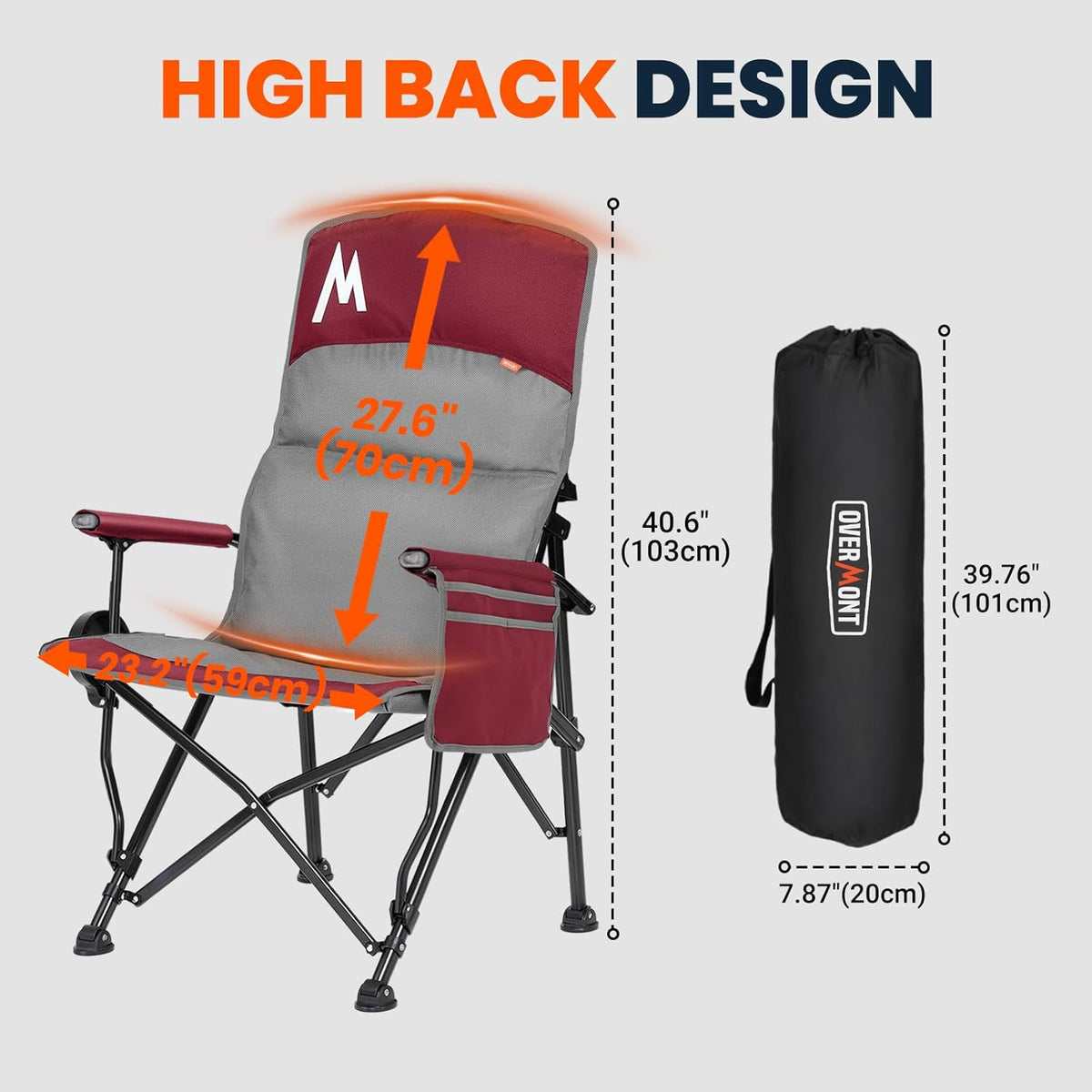 Overmont Camping Chair with Lumbar Support for Adults - Oversized with High Back Supports 450 LBS - Heavy Duty Folding Chair Portable for Outdoor Lawn Patio Balcony with Patent No.: US D1.028.543 S