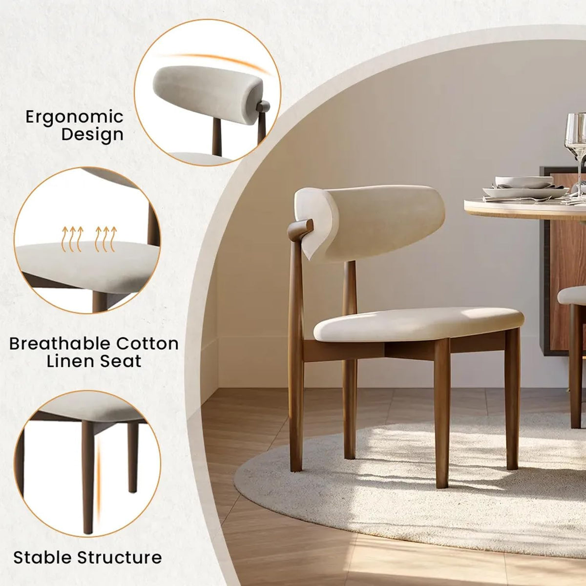 POVISON Modern Dining Chairs Set of 4, Armless Cotton Linen Dining Chair Set with Sackcloth Cushions and Dark Walnut-Coloured Ash Wood, Pre-Assembled Design