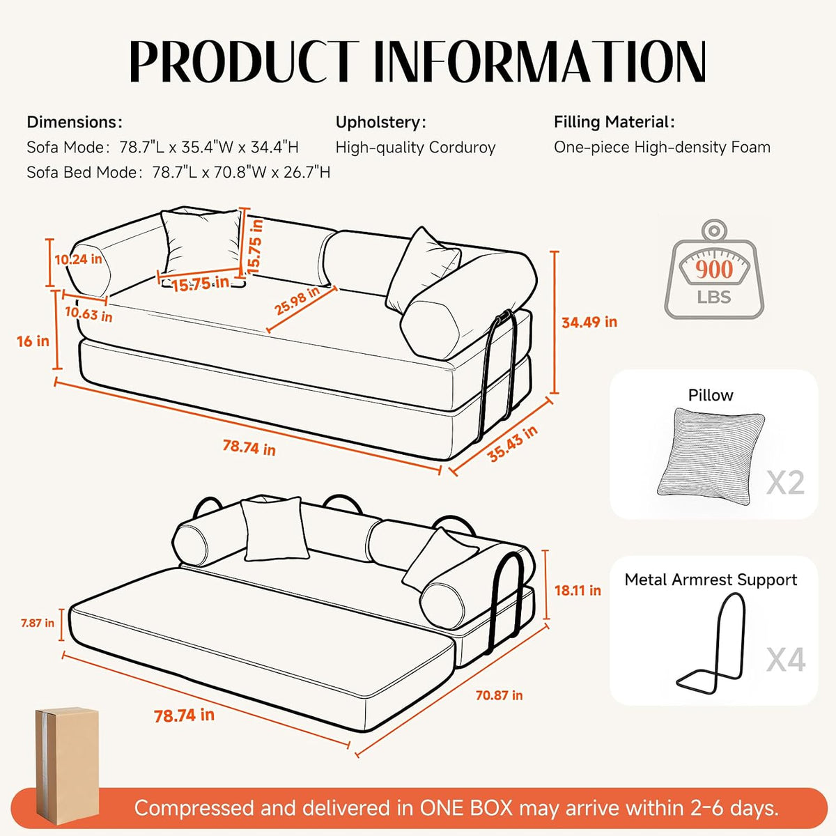 79" Corduroy Sofa Bed, Couch in a Box with 2 Pillows, High-Density Foam 4-in-1 Foldable Sleeper Futon Loveseat for Small Spaces, No Assembly, Side Pockets, Hex Arm Hunter Green