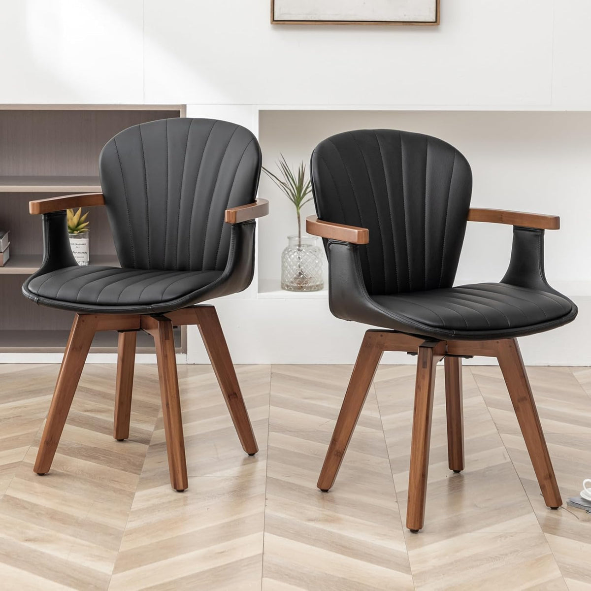 LUNLING Swivel Dining Room Chairs Set of 2 Mid Century Modern Black Faux Leather Kitchen Chairs with Arms Bamboo Legs Side Chairs No Wheels Bentwood Frame Accent Chair for Dining Rooms and Offices